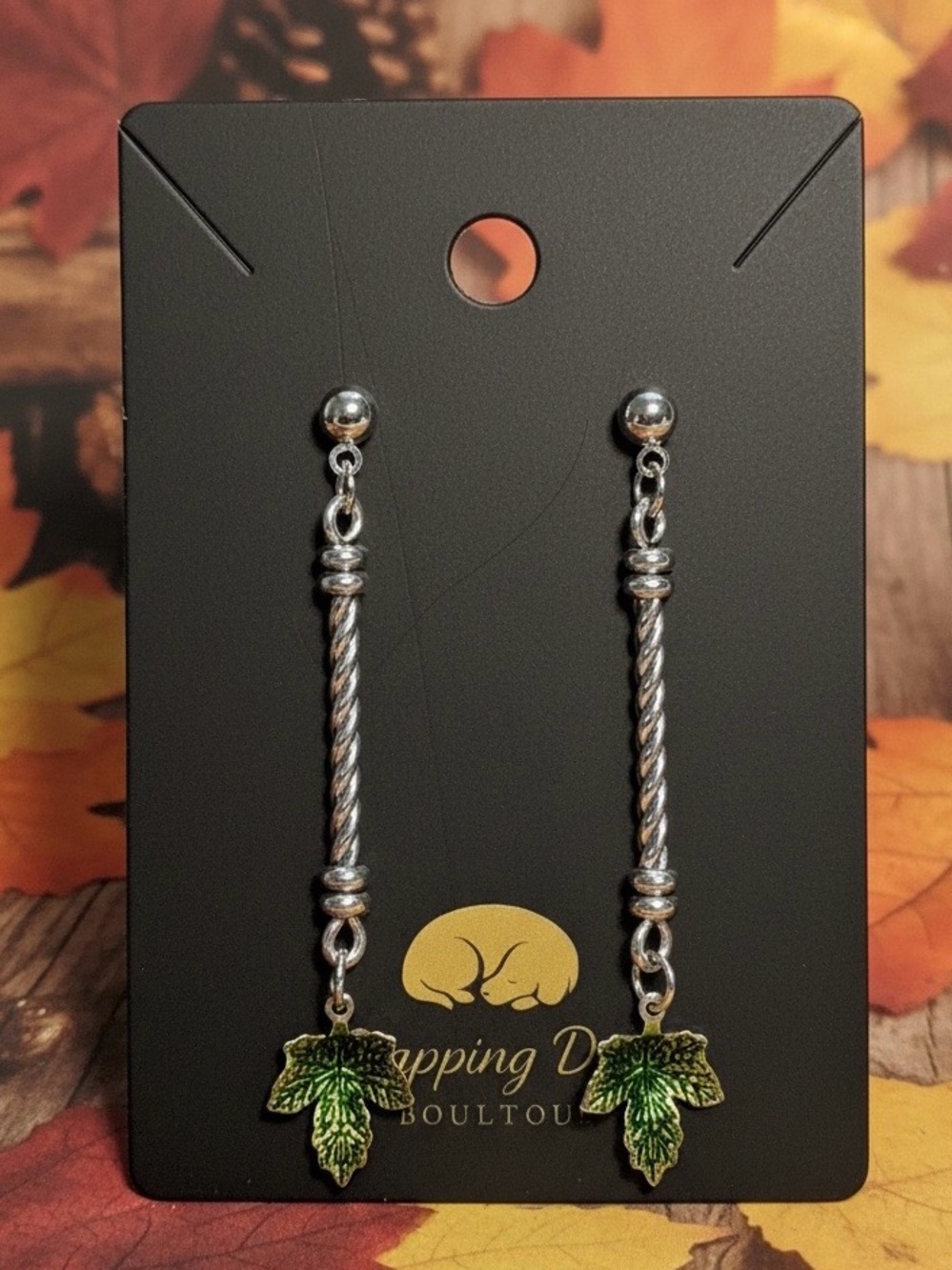 Silver-Tone Leaf Dangle Earrings – Green Enamel Fall Earrings
